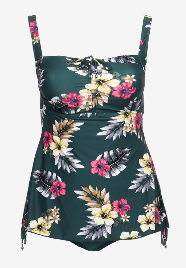Born2be - Ciemnozielone Dwuczęściowy Strój Kąpielowy z Topem i Majtkami z Wysokim Stanem Talmeria. Stan: podwyższony. Kolekcja: plus size. Kolor: zielony. Wzór: kwiaty