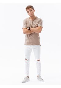Ombre Clothing - T-shirt męski bawełniany S1378 - beżowy - XXL. Kolor: beżowy. Materiał: bawełna