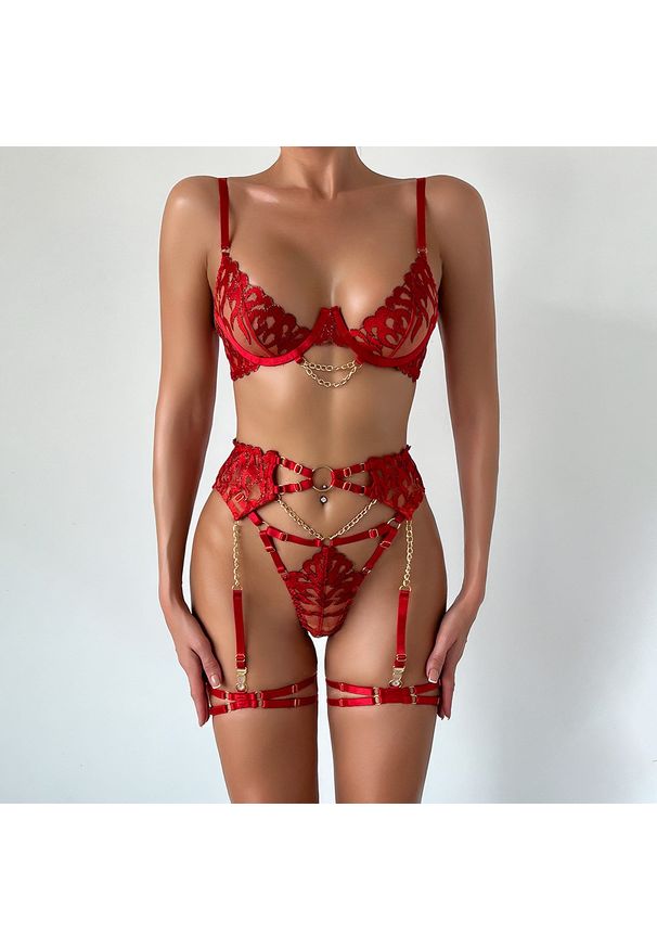 Intica - Komplet bielizny koronkowej z wycięciami Lone. Kolor: czerwony. Materiał: koronka. Wzór: koronka