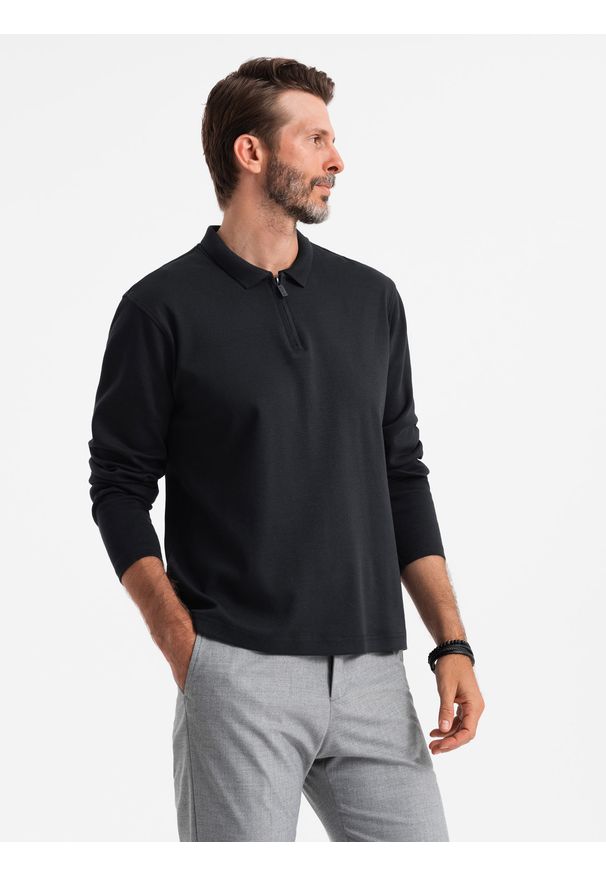 Ombre Clothing - Męski longsleeve z zapinanym na zamek kołnierzykiem polo – czarny V8 - Rozmiar: L. Typ kołnierza: polo. Kolor: czarny. Materiał: dzianina, bawełna, skóra, materiał. Długość rękawa: długi rękaw. Wzór: aplikacja. Styl: elegancki, sportowy