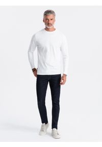 Ombre Clothing - Longsleeve męski BASIC z okrągłym dekoltem - biały V4. Kolor: biały. Materiał: materiał, bawełna. Długość rękawa: długi rękaw. Wzór: gładki, jednolity. Styl: klasyczny #4