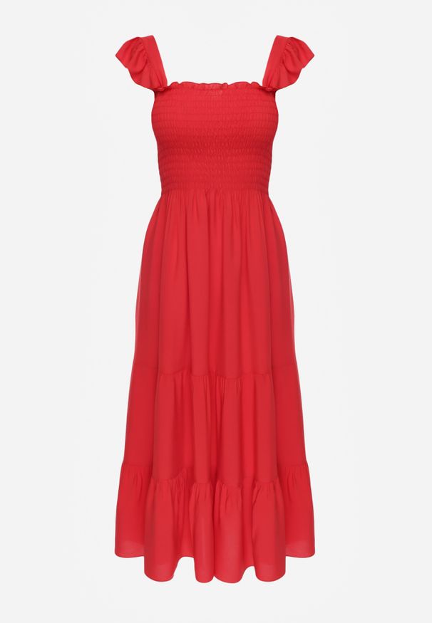 Renee - Czerwona Sukienka z Bawełny na Ramiączkach Ozdobiona Falbanami i Gumkami Mevalys. Okazja: na co dzień. Kolor: czerwony. Materiał: bawełna. Długość rękawa: na ramiączkach. Wzór: aplikacja. Typ sukienki: rozkloszowane. Styl: casual, elegancki