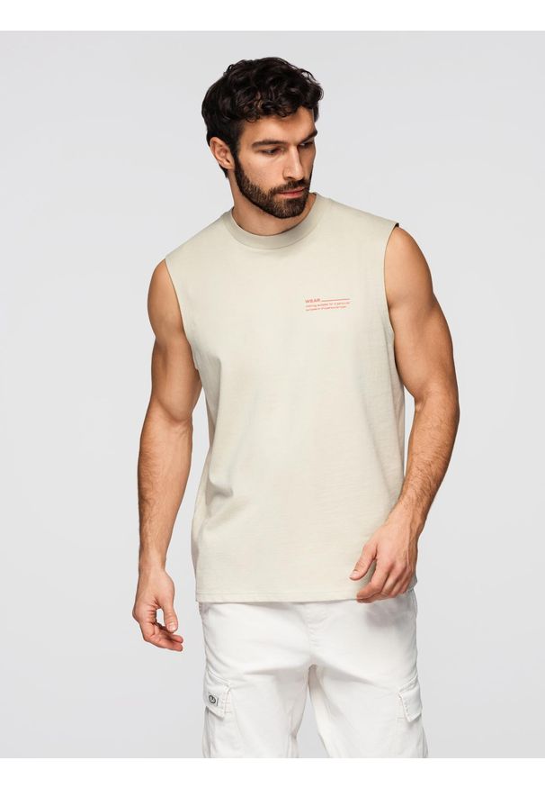 Ombre Clothing - Męska bawełniana koszulka bez rękawów TANK TOP - kremowa V3 - Rozmiar: XL. Okazja: na co dzień, na plażę. Kolor: szary. Materiał: bawełna. Długość rękawa: bez rękawów. Wzór: nadruk. Sezon: lato. Styl: casual
