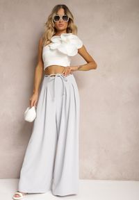 Renee - Jasnoniebieskie Szerokie Spodnie High Waist Zapinane na Suwak z Wiązaniem w Talii Vikonnia. Okazja: na co dzień. Stan: podwyższony. Kolor: niebieski. Styl: klasyczny, casual, elegancki