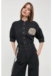 TwinSet - Twinset koszula bawełniana damska kolor czarny relaxed. Kolor: czarny. Materiał: bawełna. Długość rękawa: krótki rękaw. Długość: krótkie. Wzór: haft #4