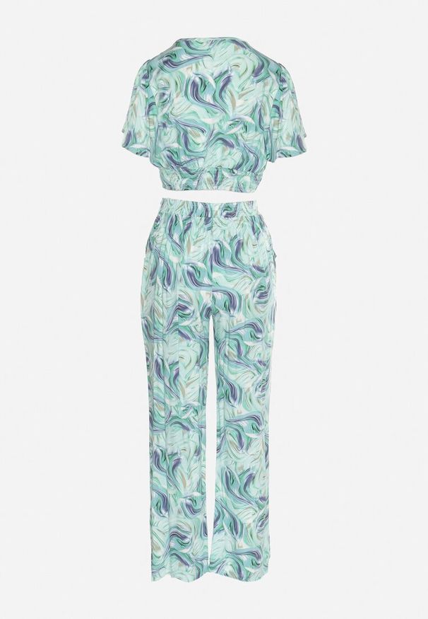 Born2be - Niebiesko-Zielony Bawełniany Komplet Top z Krótkim Rękawem Szerokie Spodnie z Gumką w Pasie Zoriadia. Kolor: niebieski. Materiał: bawełna