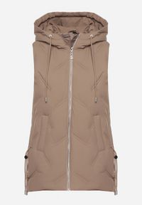 Born2be - Ciemnobeżowa Casualowa Kamizelka z Kapturem i Pikowanymi Przeszyciami Caletta. Okazja: na co dzień. Typ kołnierza: kaptur. Kolor: beżowy. Materiał: jeans. Styl: casual #2