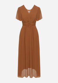 Born2be - Brązowa Kopertowa Sukienka Maxi z Gumką w Pasie Narlin. Okazja: na wesele, na ślub cywilny, na studniówkę. Typ kołnierza: dekolt w serek. Kolor: brązowy. Typ sukienki: kopertowe. Styl: klasyczny. Długość: maxi #6