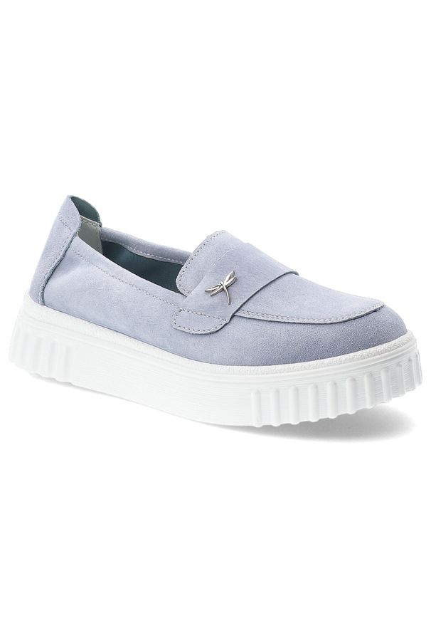 Półbuty damskie Vinceza, cholewka ze skóry naturalnej zamszowej wsuwany fason z ozdobnym elementem, niebieskie, 93218. Kolor: niebieski. Materiał: skóra, zamsz. Szerokość cholewki: normalna