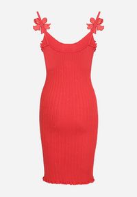 Born2be - Czerwona Dopasowana Sukienka z Wiskozą Ozdobiona Kwiatami 3D Yennira. Kolor: czerwony. Materiał: wiskoza. Wzór: aplikacja, kwiaty #3