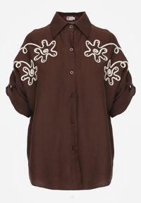 Born2be - Brązowa Nietoperzowa Koszula z Wiskozy z Haftem i Podpinanymi Rękawami Jilyla. Okazja: do pracy, na co dzień. Kolor: brązowy. Materiał: wiskoza. Długość: długie. Wzór: haft. Styl: elegancki, casual #6