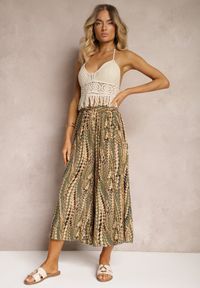 Renee - Zielono-Beżowe Spodnie High Waist o Szerokich Nogawkach z Wiskozy Wykończone Gumką w Talii Krifea. Stan: podwyższony. Kolor: zielony. Materiał: wiskoza. Sezon: lato #3