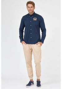 La Martina - LA MARTINA Granatowa koszula męska poplin stretch, Rozmiar XL. Kolor: niebieski. Wzór: haft