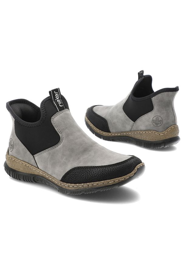 Szare Botki Rieker Wsuwane Obuwie Damskie. Okazja: na co dzień. Zapięcie: bez zapięcia. Kolor: szary. Materiał: jeans, materiał. Styl: casual, elegancki, sportowy