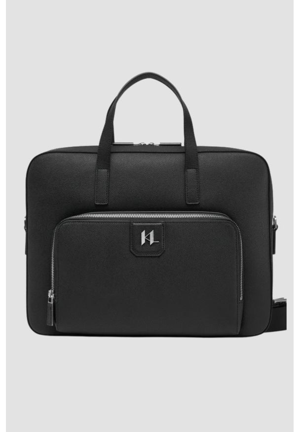 Karl Lagerfeld - KARL LAGERFELD Czarna skórzana aktówka męska z logo. Kolor: czarny. Materiał: skóra