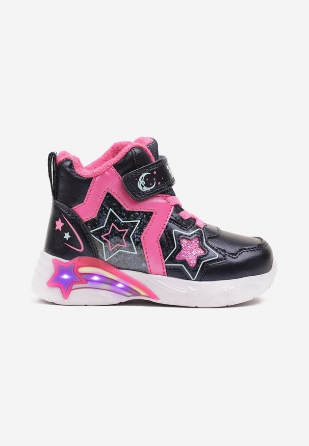 Born2be - Granatowe Botki Sneakersy ze Świecącą Podeszwą Ozdobione Gwiazdkami i Brokatem Notavia. Kolor: niebieski. Materiał: dzianina. Wzór: aplikacja. Styl: elegancki