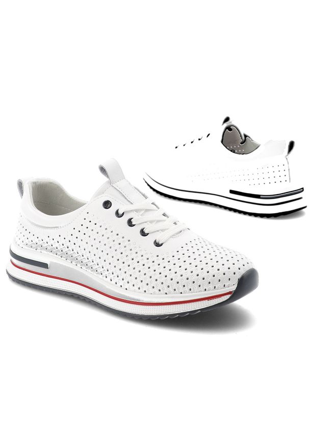 Półbuty damskie S.Barski, sportowe ze skóry naturalnej perforowana cholewka sznurowane lekka amortyzująca podeszwa, białe, LR61-7072. Kolor: biały. Materiał: skóra. Szerokość cholewki: normalna