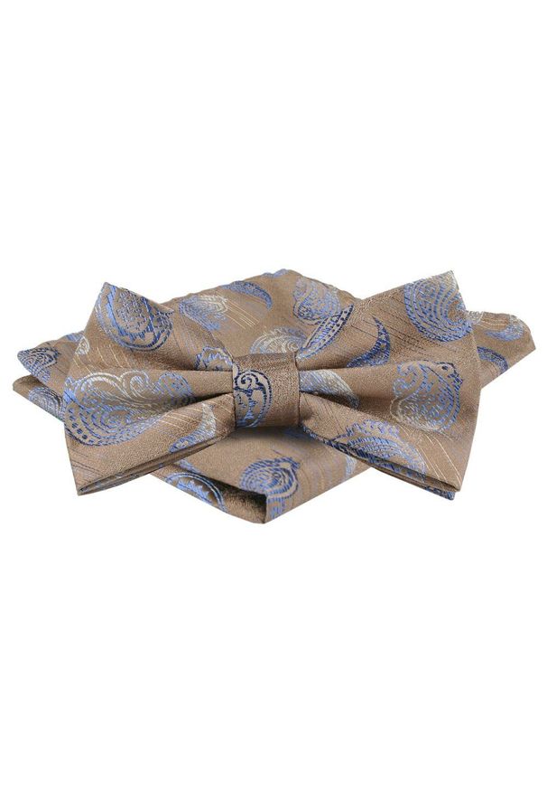 Mucha Męska w Zestawie z Poszetką - Alties - Beż, Duże Paisley. Kolor: beżowy, wielokolorowy, brązowy. Wzór: paisley. Styl: elegancki, sportowy