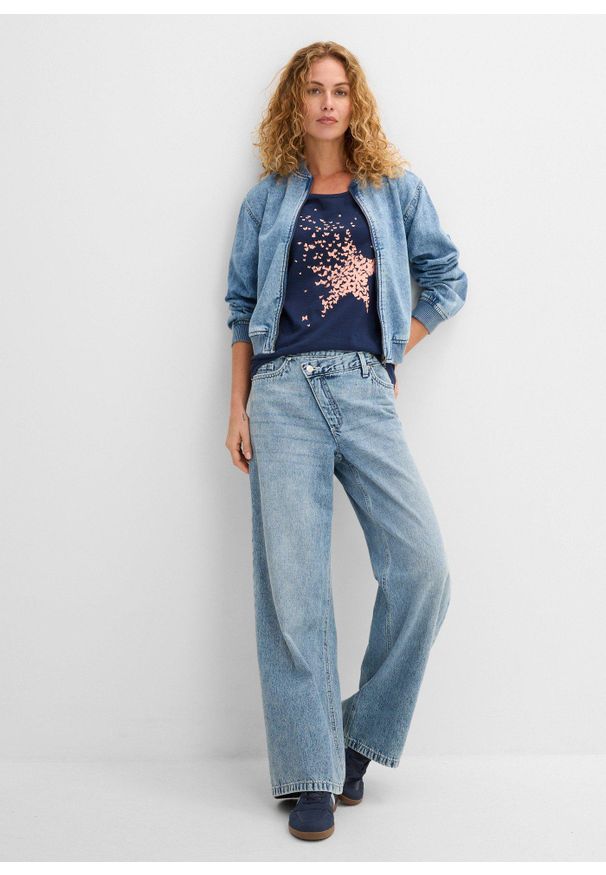 bonprix - Shirt z przędzy mieszankowej, krótki rękaw. Kolor: niebieski. Długość rękawa: krótki rękaw. Długość: krótkie. Wzór: nadruk