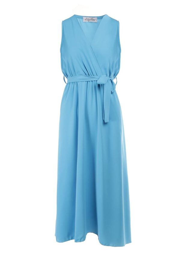 Born2be - Niebieska Sukienka Iolaera. Kolor: niebieski. Materiał: tkanina, materiał. Długość rękawa: na ramiączkach. Wzór: ażurowy, aplikacja, gładki. Sezon: lato. Typ sukienki: kopertowe. Długość: midi