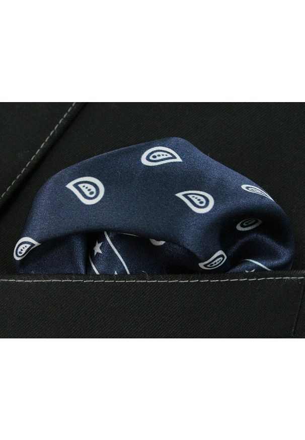 Jedwabna Elegancka Męska Poszetka -EM Men's Accessories- Chusteczka, Granat, Wzór Paisley. Kolor: niebieski. Materiał: jedwab. Wzór: paisley