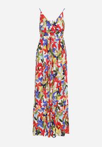 Born2be - Biało-Czerwona Wiskozowa Sukienka na Ramiączkach z Kopertowym Dekoltem i Gumką w Talii z Tiamalen. Okazja: na co dzień, na imprezę. Typ kołnierza: dekolt kopertowy. Kolor: biały. Materiał: wiskoza. Długość rękawa: na ramiączkach. Wzór: aplikacja. Typ sukienki: kopertowe. Styl: casual, klasyczny, elegancki, wizytowy #2