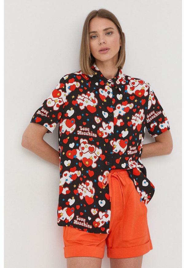 Love Moschino szorty bawełniane damskie kolor pomarańczowy z aplikacją high waist. Okazja: na co dzień. Stan: podwyższony. Kolor: pomarańczowy. Materiał: bawełna. Wzór: aplikacja. Styl: casual