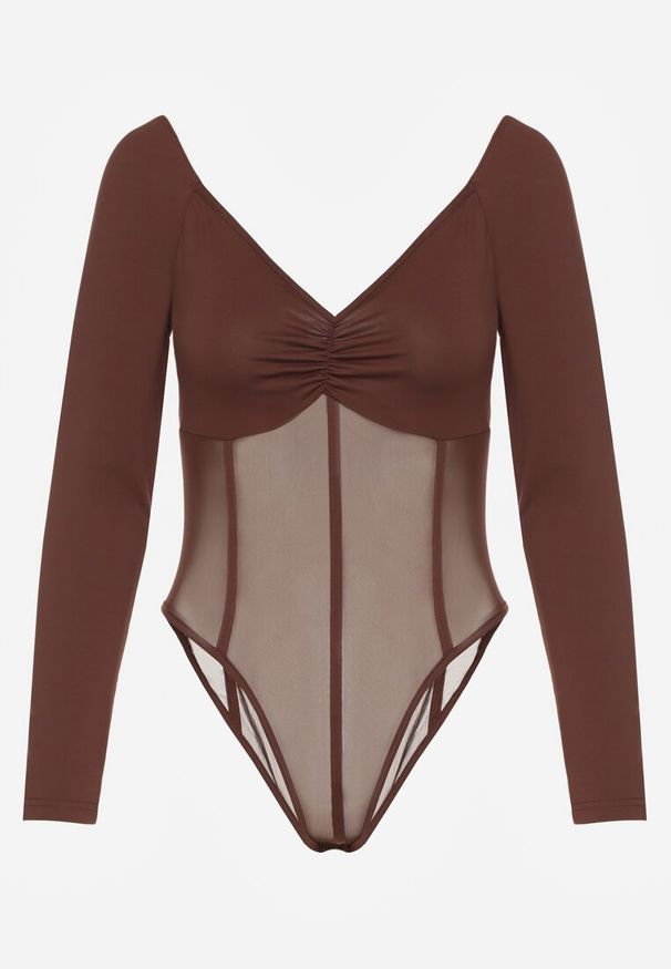 Renee - Brązowe Body Vices o Fasonie Longsleeve z Dekoltem w Kształcie V Asstre. Okazja: na randkę, na co dzień. Typ kołnierza: dekolt w kształcie V. Kolor: brązowy. Materiał: jeans, skóra. Długość rękawa: długi rękaw. Długość: długie. Styl: casual, klasyczny