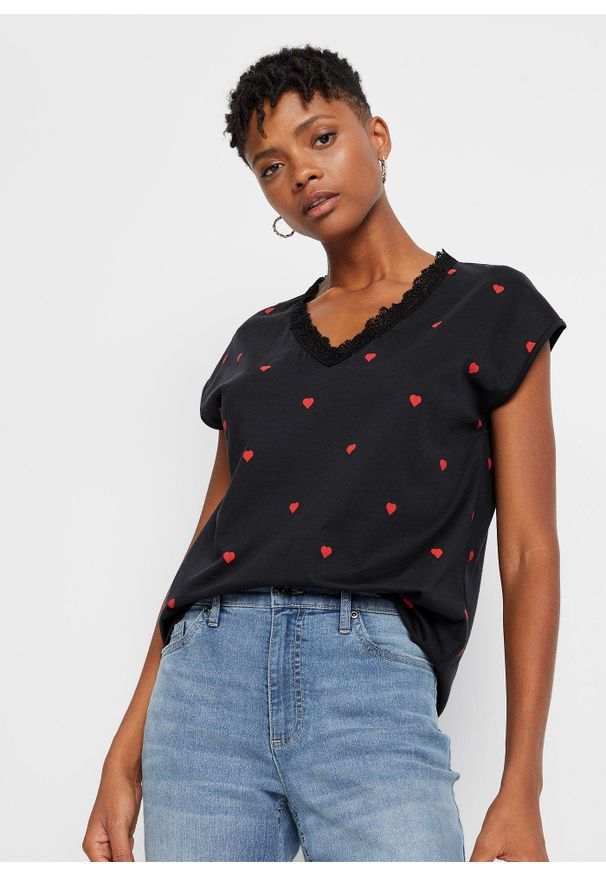 bonprix - T-shirt z czystej bawełny. Typ kołnierza: dekolt w serek. Kolor: czarny. Materiał: bawełna. Wzór: nadruk