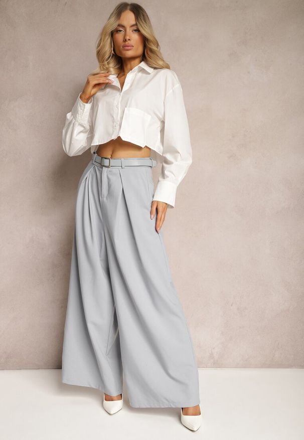 Renee - Szare Szerokie Spodnie w Stylu Palazzo z Paskiem Detalia. Okazja: na spotkanie biznesowe, do pracy. Stan: podwyższony. Kolor: szary. Długość: długie. Styl: elegancki, biznesowy, wizytowy