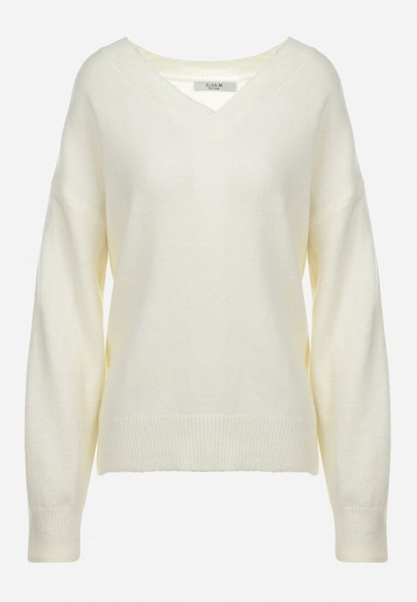 Born2be - Biały Sweter z Wiskozy Oversize Yorate. Okazja: na co dzień. Typ kołnierza: dekolt w serek. Kolor: biały. Materiał: wiskoza. Długość rękawa: długi rękaw. Długość: długie. Styl: wizytowy, elegancki, casual