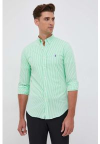 Polo Ralph Lauren Koszula męska kolor zielony slim z kołnierzykiem button-down. Typ kołnierza: polo, button down. Kolor: zielony. Materiał: tkanina. Długość rękawa: długi rękaw. Długość: długie. Wzór: aplikacja #2
