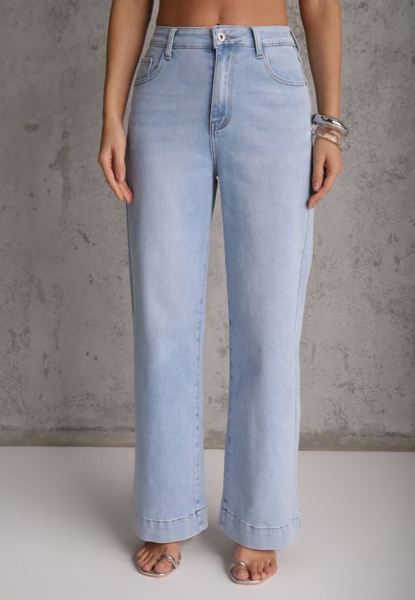 Renee - Jasnoniebieskie Bawełniane Jeansy High Waist Wide Leg Heltora. Okazja: na co dzień. Stan: podwyższony. Kolor: niebieski. Długość: krótkie. Styl: casual, klasyczny