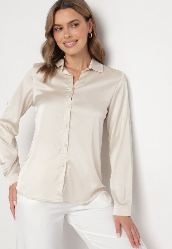 Born2be - Beżowa Koszula o Klasycznym Kroju z Kołnierzykiem Jarinsse. Okazja: na co dzień. Kolor: beżowy. Materiał: jeans. Styl: klasyczny