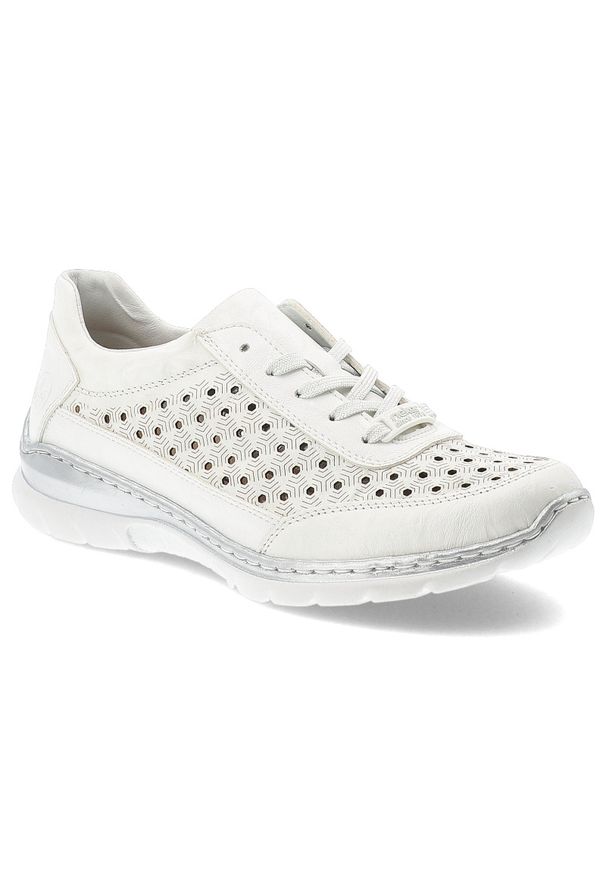 Półbuty damskie Rieker, skóra naturalna perforowana cholewka sznurowany fason lekka elastyczna podeszwa okrągły nosek, białe, L3217-80. Okazja: na spacer, na co dzień. Nosek buta: okrągły. Zapięcie: sznurówki. Kolor: biały. Materiał: skóra. Szerokość cholewki: normalna. Wzór: geometria. Styl: casual, elegancki, klasyczny