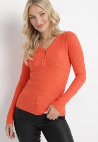 Born2be - Pomarańczowy Sweter z Prążkowanej Dzianiny Roche. Kolor: pomarańczowy. Materiał: dzianina, prążkowany. Styl: klasyczny