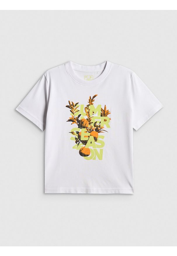 4f - 4F T-shirt boxy z nadrukiem damski - biały L. Okazja: na co dzień. Kolor: biały. Materiał: dzianina, bawełna, materiał. Wzór: nadruk. Styl: casual