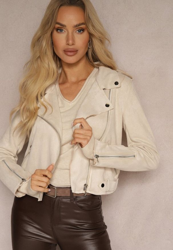 Renee - Kremowa Ramoneska Charlee. Kolor: beżowy. Materiał: jeans, zamsz. Długość rękawa: długi rękaw. Długość: długie. Wzór: aplikacja. Styl: klasyczny, wizytowy