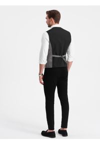 Ombre Clothing - Męska kamizelka SLIM FIT z łączonych materiałów w kratkę – grafitowa V2. Kolor: szary. Materiał: materiał. Wzór: kratka #4