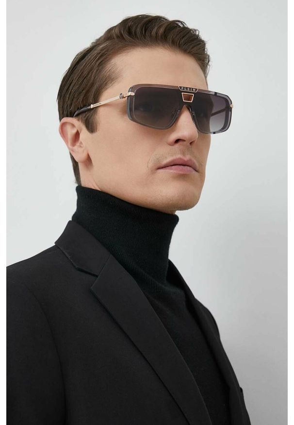 Philipp Plein okulary przeciwsłoneczne męskie kolor szary. Kształt: prostokątne. Kolor: szary