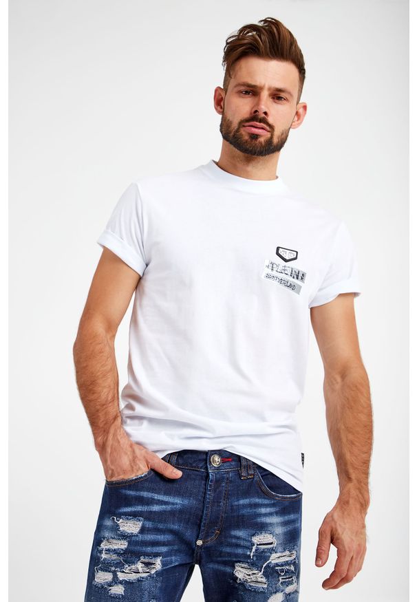 Philipp Plein - T-SHIRT PHILIPP PLEIN. Materiał: skóra. Wzór: napisy, aplikacja, nadruk