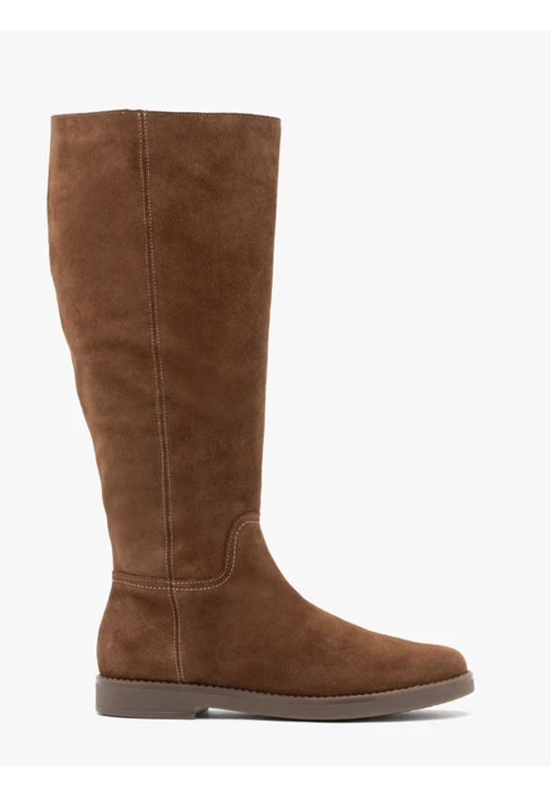 Ryłko - Brązowe kozaki z szeroką cholewką. Okazja: na co dzień. Nosek buta: okrągły. Zapięcie: zamek. Kolor: brązowy. Szerokość cholewki: szeroka. Materiał: skóra, welur. Sezon: wiosna, jesień. Obcas: na obcasie. Styl: casual, klasyczny, street. Wysokość obcasa: niski