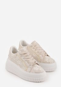 Renee - Beżowe Sneakersy na Platformie z Cholewką z Koronką i Brokatem Chada. Okazja: na co dzień. Kolor: beżowy. Materiał: koronka. Szerokość cholewki: normalna. Wzór: koronka. Obcas: na platformie #6