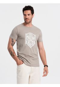 Ombre Clothing - T-shirt męski z nadrukiem w stylu motocyklowym – popielaty V3. Okazja: na co dzień. Kolor: szary. Materiał: materiał, bawełna. Wzór: nadruk. Styl: klasyczny, casual, elegancki #6