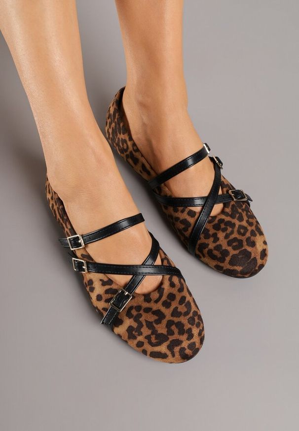 Renee - Panterkowe Balerinki Vices Mary Jane z Wkładką ze Skóry Naturalnej Rilomia. Okazja: na co dzień. Zapięcie: pasek. Materiał: skóra. Styl: elegancki, casual