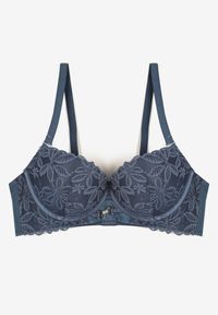 Renee - Granatowy Biustonosz Push Up Ozdobiony Koronką z Odpinanymi Ramiączkami z Regulacją Bilania. Kolor: niebieski. Materiał: koronka. Rodzaj stanika: odpinane ramiączka, push-up. Wzór: koronka, aplikacja