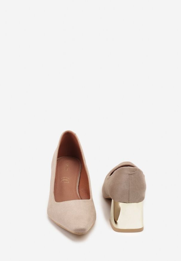 Born2be - Ciemnobeżowe Czółenka Vices ze Skórzaną Wkładką i Metalicznym Słupkiem Asevine. Okazja: na co dzień, do pracy, na spotkanie biznesowe. Kolor: beżowy. Materiał: skóra. Obcas: na słupku. Styl: biznesowy, klasyczny, casual, elegancki