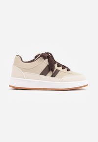 Renee - Beżowe Sneakersy Basic z Paskami na Boku Adila. Okazja: na co dzień. Zapięcie: pasek. Kolor: beżowy. Materiał: jeans. Wzór: paski. Obcas: na płaskiej podeszwie #3