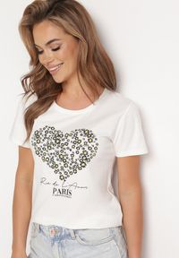 Born2be - Biały Bawełniany T-shirt Koszulka z Krótkim Rękawem i Nadrukiem z Cyrkoniami Jloella. Okazja: na co dzień. Kolor: biały. Materiał: bawełna. Długość rękawa: krótki rękaw. Długość: krótkie. Wzór: nadruk. Styl: casual, glamour #3