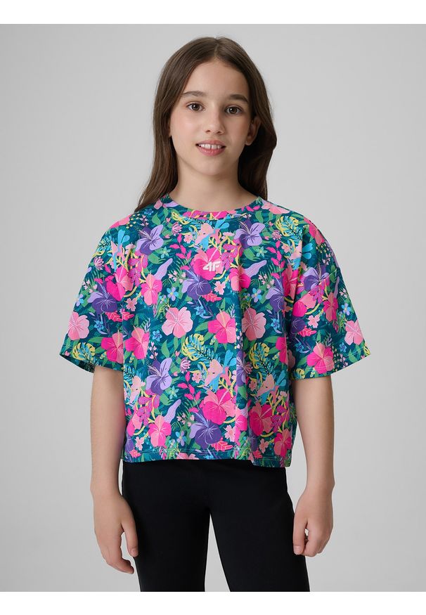 4f - 4F T-shirt boxy z nadrukiem dziewczęcy - multikolor 134/140 (8-10 lat). Okazja: na co dzień. Kolor: wielokolorowy. Materiał: materiał, bawełna, dzianina. Długość: krótkie. Wzór: nadruk. Sezon: lato. Styl: casual